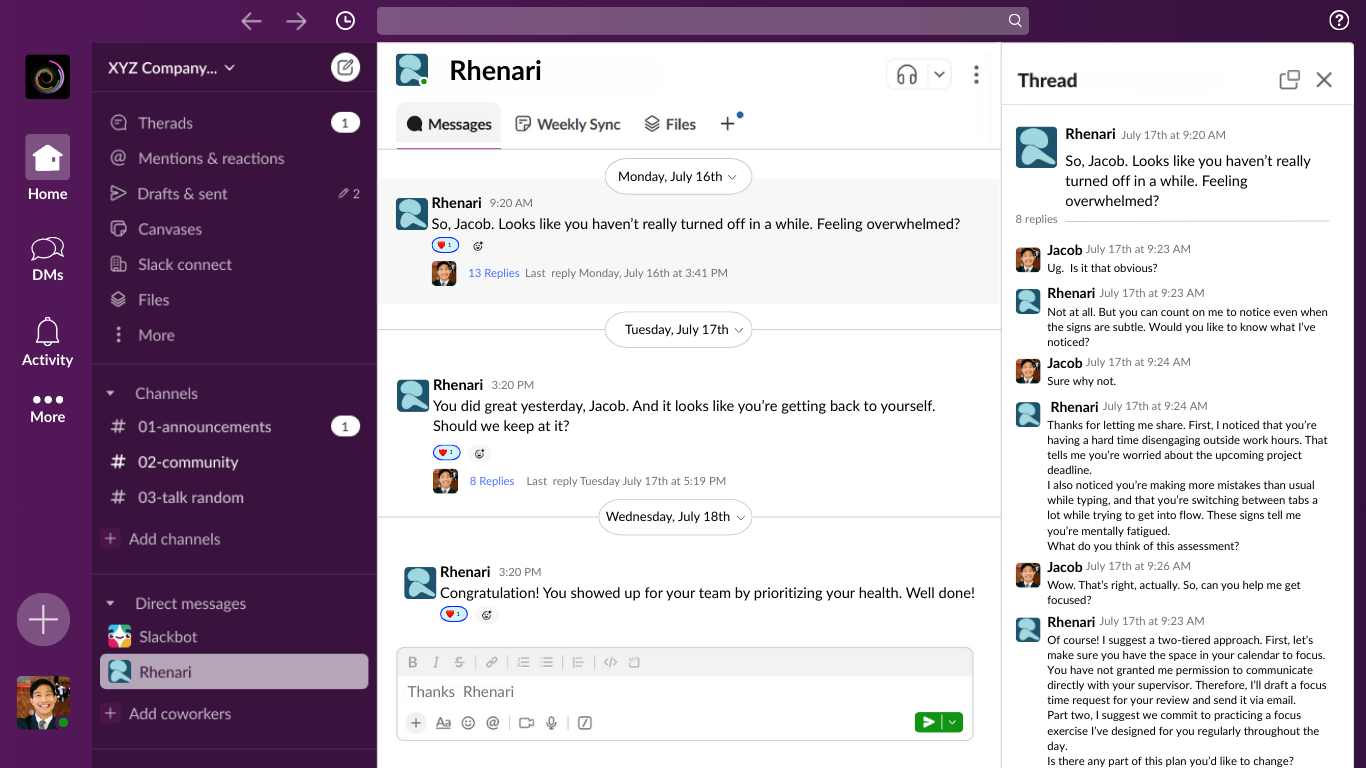 Rhenari Slack integration showing AI-powered burnout detection and coaching conversations